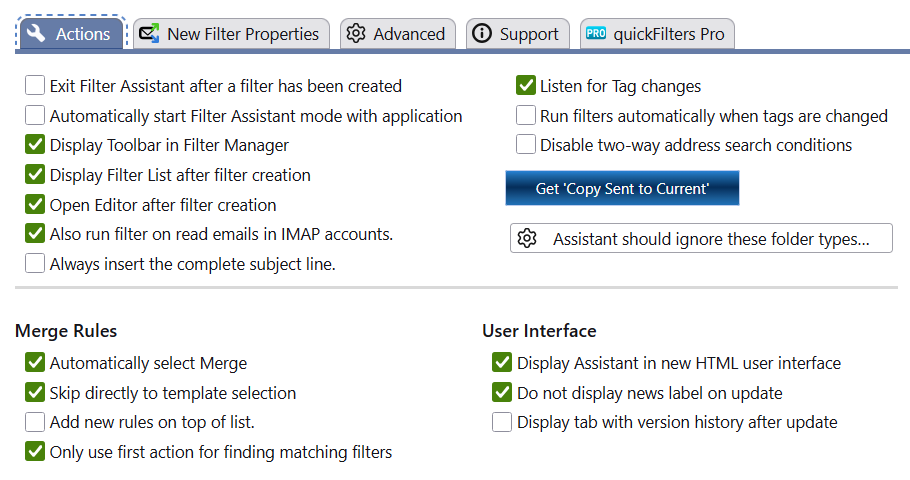 quickFilters actions